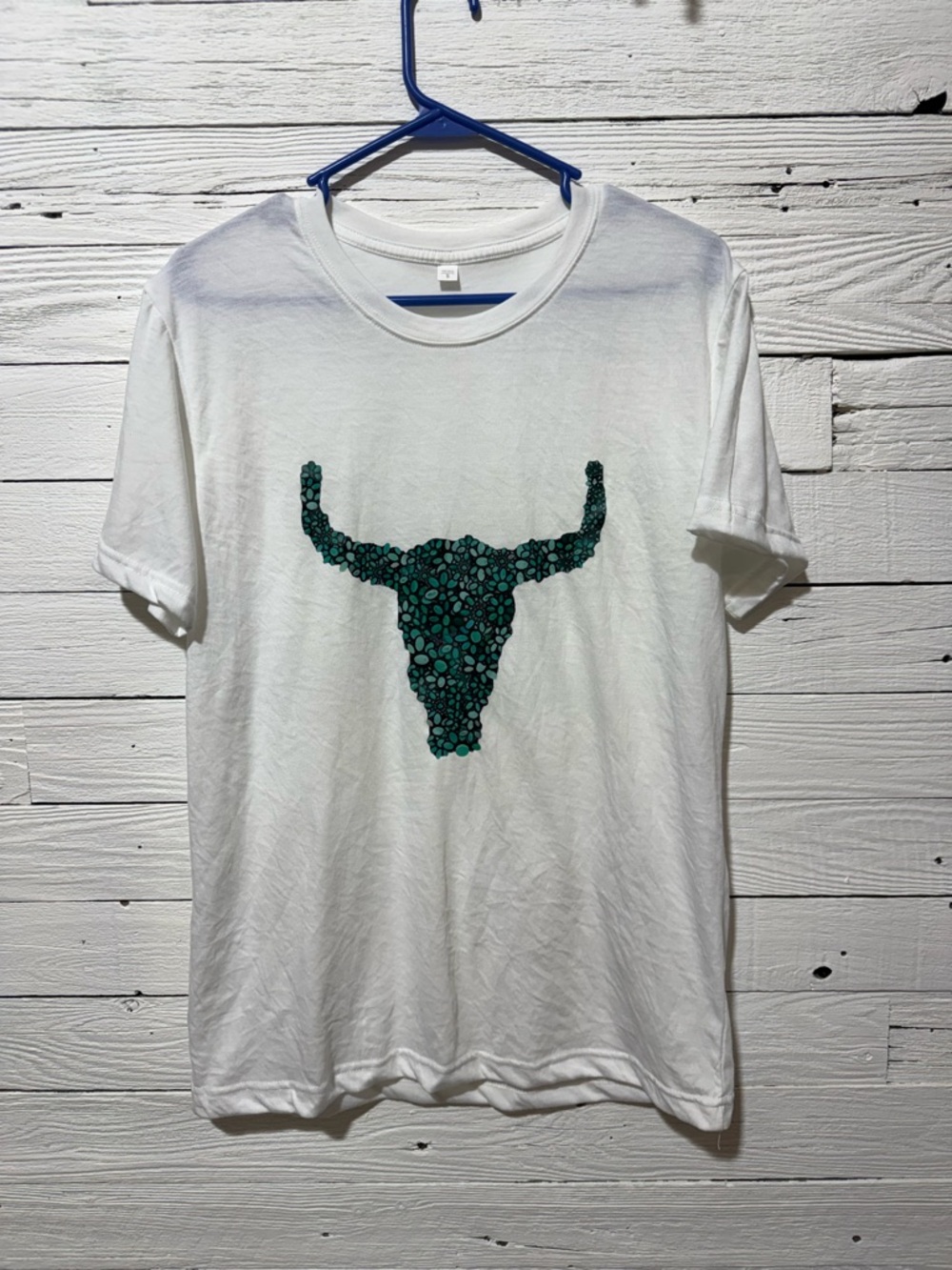 White Womens Graphic Tee with Teal Bull Skull Print Relaxed Fitting Baggy